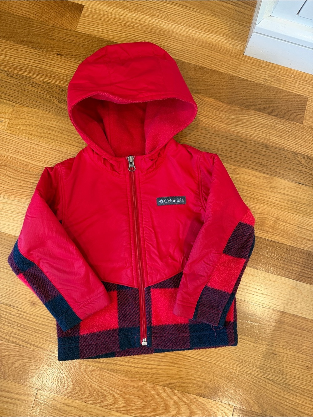 Columbia Kids Red Hooded Jacket with Plaid Trim